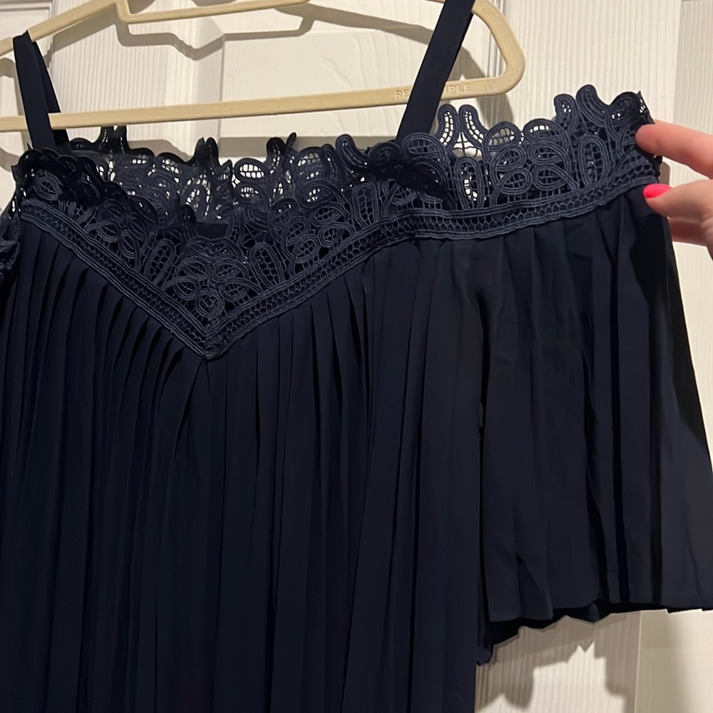ELOQUII navy blue pleated off the shoulder maxi dress